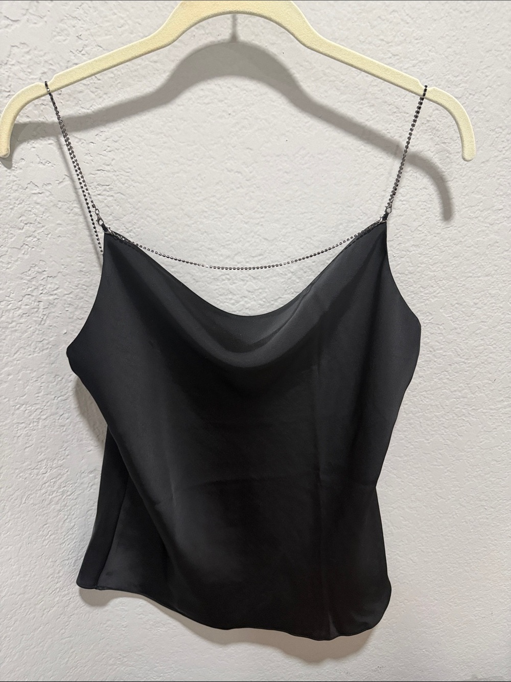 Mango Black Satin Cowl Neck Camisole with Chain Straps